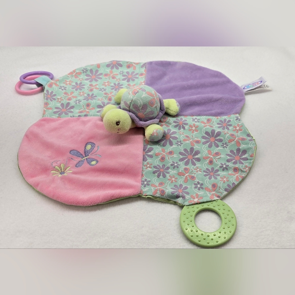 Mary Meyer Turtle Plush Lovey Satin Backing Baby Blanket Floral Rings Teether